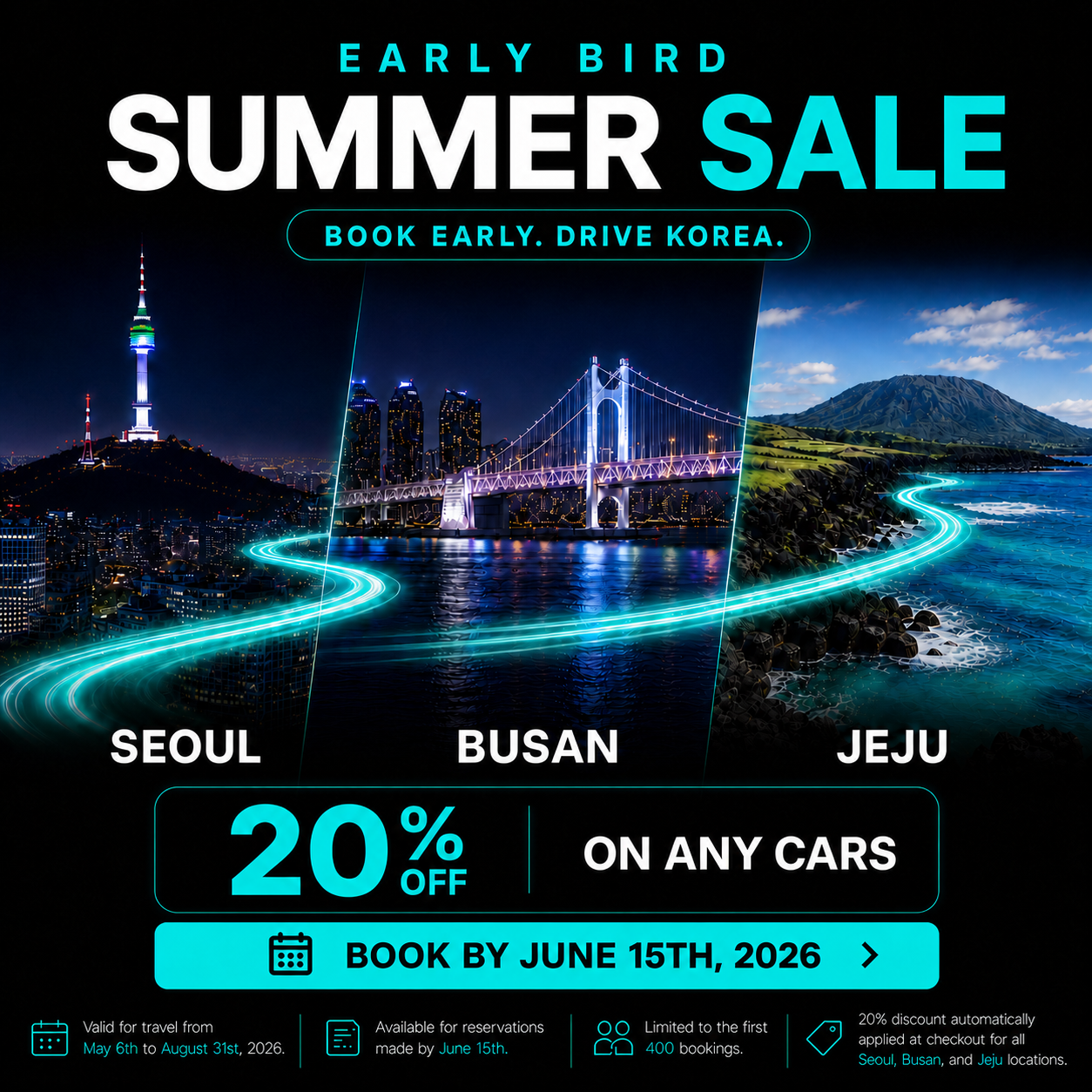 Early Bird Summer Sale — 20% off any car in Seoul, Busan, and Jeju